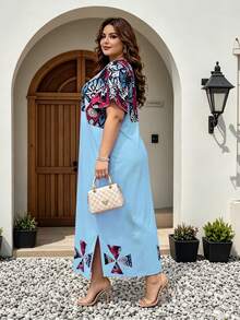 Colorblock Print Plus Size Dress, V-Neck Short Sleeve Loose Dress With Matching Fabric Scarf, Casual Ankle Length - Blue - View 2