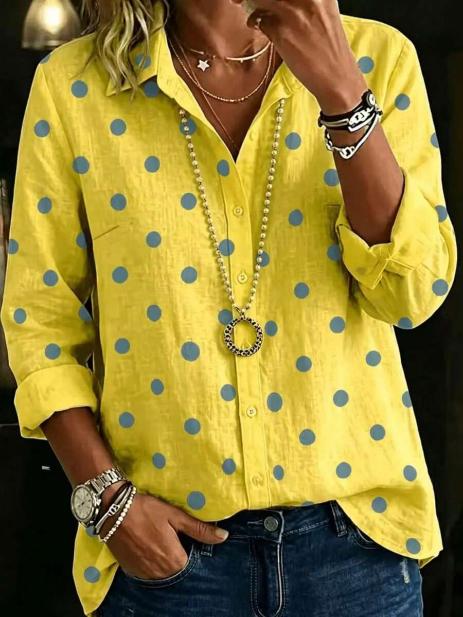 Plus Size Women's Polka Dot Print Long Sleeve Button-Down Shirt Collar Fashion Casual Top - Yellow - View 1