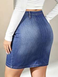 Rok A-Line Wanita Motif Efek Denim, Potongan Ramping Elegan - Biru - View 2