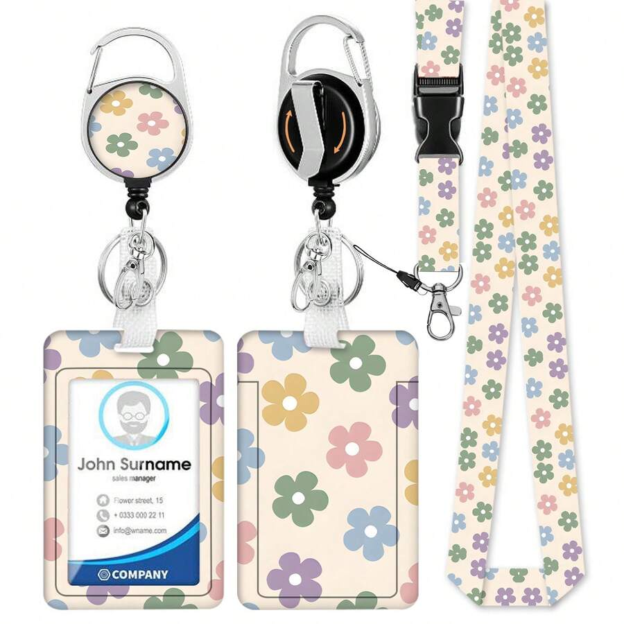 Personalized ID Set With Lanyard, Featuring A Retractable ID Holder, Retractable Clip, And Detachable Neck Lanyard, Vertical Design, Suitable For Women, Nurses, Doctors, Students, And Teachers (Spring Flower Design) - Spring Flowers - View 1