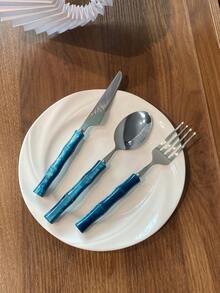 Stainless Steel Acrylic Bamboo Handle Western Style Knife Fork Spoon Dessert Spoon Fruit Fork - Green - View 6
