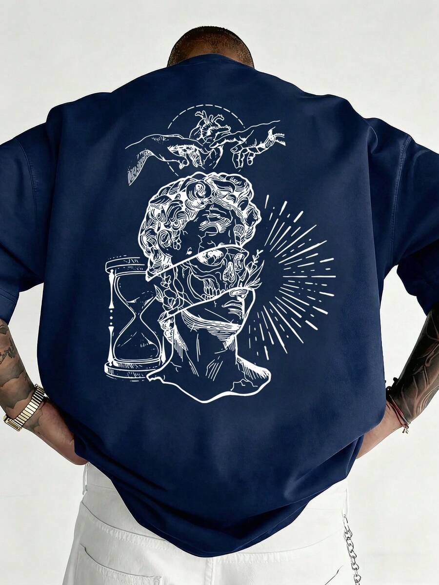 男士夏季時尚百搭休閒素描肖像印花舒適圓領短袖T恤 - 藏蓝色 - 查看 1