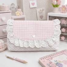 Back To School Supplies Cute Pink Storage Bag, Compact Multi-Functional Organizer Bag With Flap. Perfect For Storing Coins, Cards, Notes, Pens And Small Items. Soft Fabric With Delicate Lace Trim, Ideal For School, Office Organization, Travel, Learning Supplies, Premium Color - Pink Pencil Case - View 1