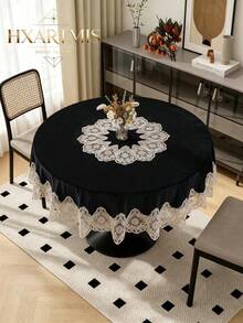 HXARTMIS 1PC Black Velvet Round Tablecloth, Exquisite Embroidered Gold Thread Lace Scalloped Edge Decor Table Mat, Suitable For Dining Room, Kitchen, Wedding, Banquet, Home Decor, Dust-Proof Tablecloth - Black - View 1