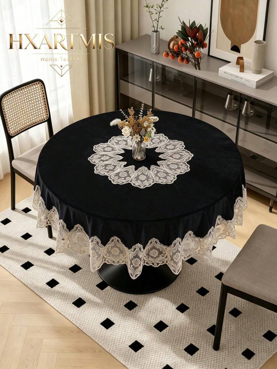 HXARTMIS 1PC Black Velvet Round Tablecloth, Exquisite Embroidered Gold Thread Lace Scalloped Edge Decor Table Mat, Suitable For Dining Room, Kitchen, Wedding, Banquet, Home Decor, Dust-Proof Tablecloth - Black - View 1