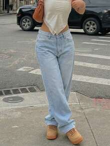 Quần jeans nữ ống đứng dáng rộng, phong cách retro thường ngày. - Rửa nhẹ - Xem 4