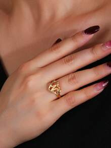 2pcs Hollow Heart Letter Rings, American Luxury Style Adjustable Versatile Stackable Accessories, Couple/BFF Matching Finger Rings - SJZ-086-c-n - View 5