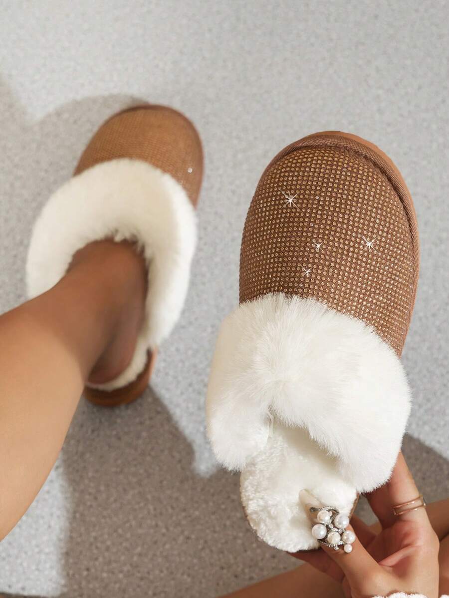 Sandal Wanita Berhiaskan Rhinestone Mengkilap dengan Sol Tebal dan Ujung Tertutup, Sepatu Rumah Hangat Serbaguna dan Modis untuk Musim Gugur/Musim Dingin, Aktivitas Luar Ruangan, dan Pemakaian di Rumah