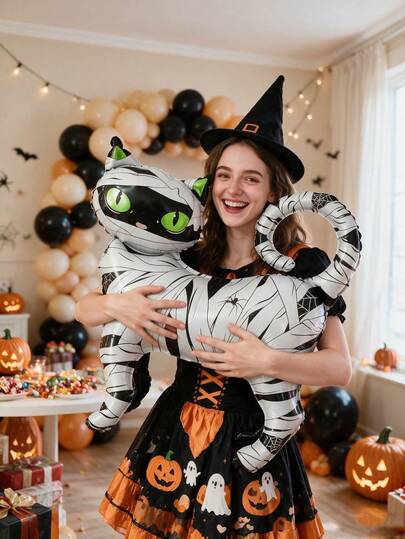 1/2pcs 62cm Mummy Style Standing Cartoon Halloween Cat Foil Balloon, Suitable For Trick Or Treat Theme Party Decoration Halloween