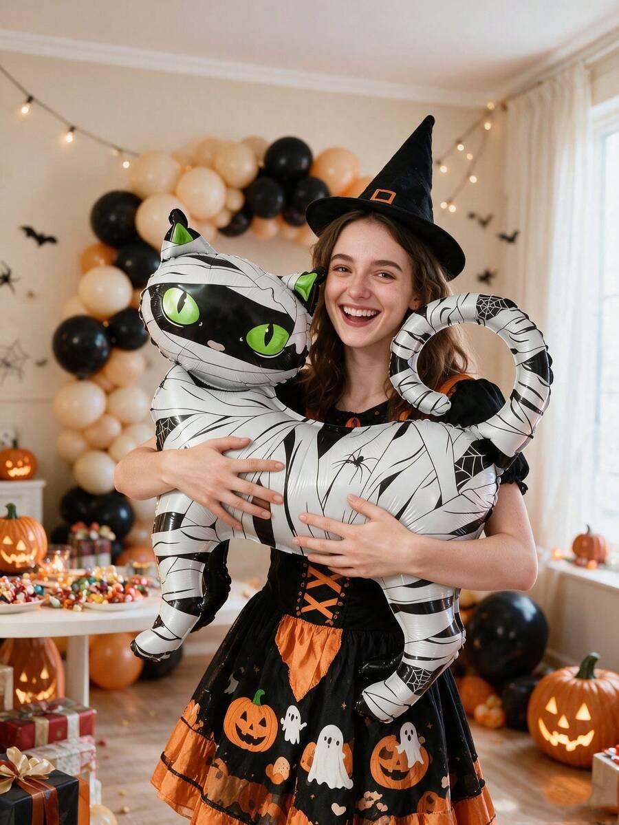 1/2pcs 62cm Mummy Style Standing Cartoon Halloween Cat Foil Balloon, Suitable For Trick Or Treat Theme Party Decoration Halloween - View 1