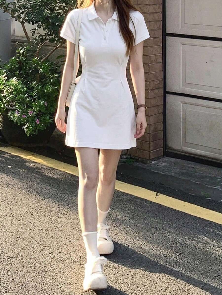 2025新款夏季女款修身休閒收腰純色 Polo 領中長洋裝,優雅白色 - 白色 - 查看 1