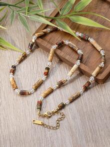 YAUKIA 1pc Boho Style Women'S Beaded Necklace, Natural Stone Prayer Beads Choker Necklace, Yoga Meditation Jewelry Gifts, Daily Vacation Wear Ideal Gifts - Multicolor - View 1