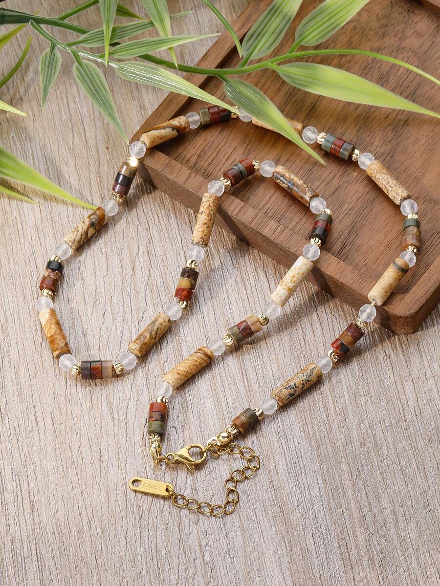 YAUKIA 1pc Boho Style Women'S Beaded Necklace, Natural Stone Prayer Beads Choker Necklace, Yoga Meditation Jewelry Gifts, Daily Vacation Wear Ideal Gifts - Multicolor - View 1