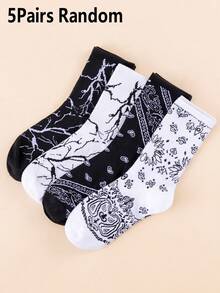 1/5/10 Pairs Black & White Retro Lightning Print Unisex Mid-Calf Socks, American Streetwear Breathable High-Elastic Skateboard Basketball Chunky Sneakers Slouch Socks - Black and White - View 7