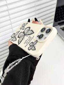 1pc White Lychee Texture Matte Minimalist Butterfly Painted Anti-Fall Phone Protective Case With Phone Lanyard Compatible With IPhone 17pro/17Air/17/17promax/16/11/16pro/16plus/16promax/16e/15Promax/13/14/12/XS/XR/7G/8P, Anti-Fall Phone Protective Case - Multicolor - View 3