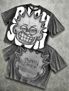 Manfinity Roghcode Men's Oversized Distressed Funny Diamond Teeth Tattoo Big Face Allover Print Cropped Loose T-Shirt (High Quality) - 水洗黑色2 - 查看 20