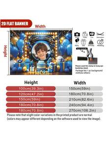 可客製化照片與姓名藍色亮面花卉氣球「Happy Birthday」設計背景布，藍色生日蛋糕禮盒裝飾，適用於生日派對蛋糕拍照背景與攝影橫幅 - 藍色 - 查看 5