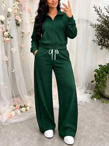 Falloutfits Effortlesschic Lounge Sets For Women 2 Pieces Outfits Sweatshirt Wide Leg Pants Matching Set Sweatsuits Fallfashion - Dark Green - View 5
