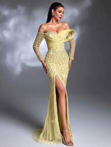 Mint Green Diamond Sequin Embroidered Off-Shoulder Twisted Long Sleeve Lace-Up High Slit Puff Seersucker Train Elegant Luxurious Evening Gown Yellow - Yellow - View 3