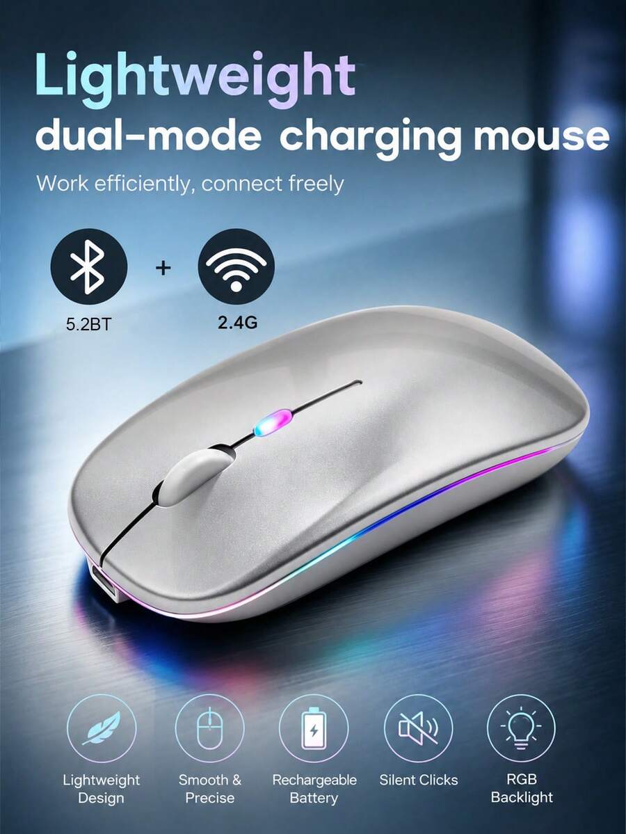 300mAh Rechargeable Wireless Mouse, Silent, Ultra-Slim Design (Bluetooth & 2.4GHz USB Receiver), Portable Computer Mouse Suitable For Laptop, Compatible With MacBook And Apple Devices - View 1