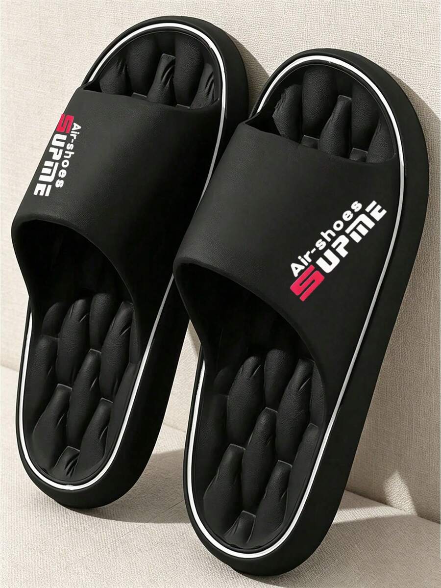 Fashionable New Men's Slippers, Diagonal Letter Patch Design Sporty Style, Unisex Couple Home Slippers, Suitable For Beach/Indoor/Outdoor Sports/Poolside, Comfortable For Long Wear, Casual Versatile Style - Black - View 1