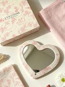 L'Occitane Heart-Shaped Floral Pattern Single-Sided Handheld Mirror, Portable Pocket Makeup Mirror, Suitable For Daily Touch-Ups, Travel, Birthday And Holiday Gifts LOCCITANE-GIFT-31 - Light Pink + White - View 2