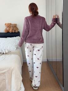 Dreamivo Flannel Colorblock Heart Long Sleeve Top And Pants Warm Pajama Set, Autumn/Winter, Comfortable - Purple - View 6