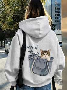 Sweatshirt Tipis Motif Kucing dengan Kantong, Sweatshirt Lengan Panjang Kasual untuk Musim Semi dan Gugur, Pakaian Wanita Ukuran Besar - Light Grey - View 2
