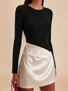 2026 Autumn New Exquisite Women's Long Sleeve Boat Neck Satin A-Line Mini Dress, Color Block Patchwork Design, Slim Fit Black Elegant - Black - View 2
