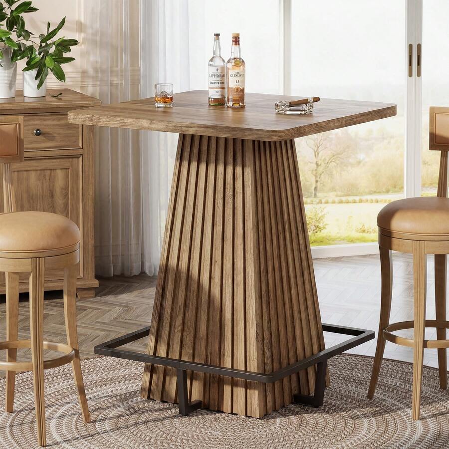 Tribesigns Tavolo bar, 80 x 80 x 95 cm, tavolo alto quadrato con poggiapiedi in metallo, tavolo da pranzo rustico marrone, tavolo da pub per casa, cucina, sala da pranzo - Castano - Visualizzare 1