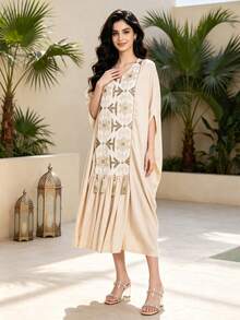 2026夏季/秋季重工串珠刺繡阿拉伯女款杏色優雅長裙,JALABIYA拼接下擺,休閒派對穿搭 - 杏色 - 查看 7