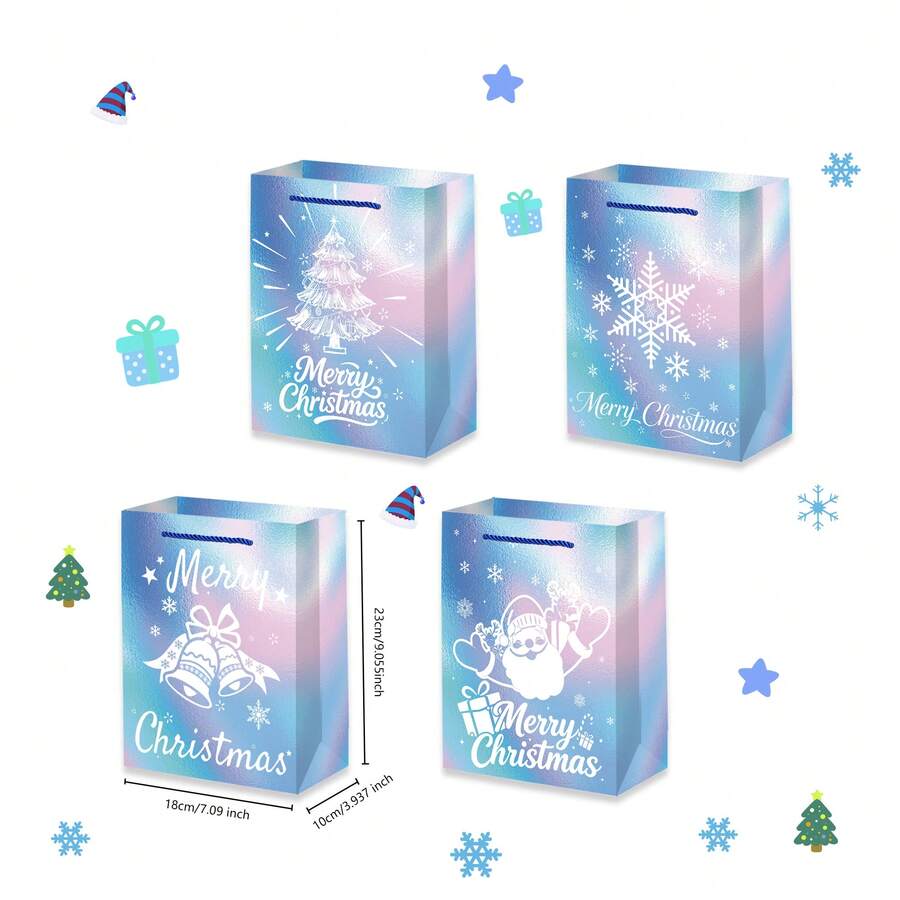 4/12pcs Winter Snowflake Gift Bags, Blue & Pink Snowflake Design Large Capacity Favor Bags, Kraft Paper Gift Bags With Handles, Suitable For Birthday, Christmas, Winter Wonderland Theme Party - Multicolor - View 1