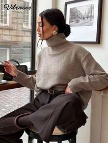 VIBEWAVE Loose Drop Shoulder High Neck Oatmeal Knit Sweater, European Old Money Style Minimalist Solid Color Split Long Sleeve Top, Soft Skin-Friendly Knit Cardigan For Autumn/Winter Cafe Commute And City Street Style - Apricot - View 1