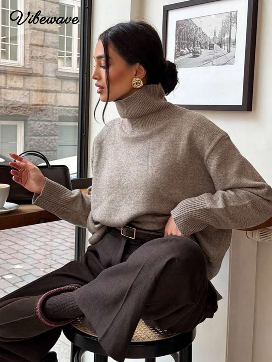 VIBEWAVE Loose Drop Shoulder High Neck Oatmeal Knit Sweater, European Old Money Style Minimalist Solid Color Split Long Sleeve Top, Soft Skin-Friendly Knit Cardigan For Autumn/Winter Cafe Commute And City Street Style - Apricot - View 1