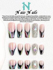NAIO 10pcs/Set Kuku Tempel Buatan Tangan Y2K, Dasar Nude Multiwarna Ujung V French, Seni Kuku Bertatahkan Rhinestone AB Penuh, Gaya Pesta Glamor, Cocok Untuk Pemakaian Acara Sehari-hari, 3 Ukuran Coffin Almond Pendek Persegi, Kuku Palsu, Dapat Dilepas dan Digunakan Kembali - MultiWarna - View 1