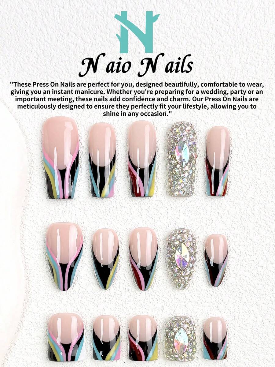 NAIO 10pcs/Set Kuku Tempel Buatan Tangan Y2K, Dasar Nude Multiwarna Ujung V French, Seni Kuku Bertatahkan Rhinestone AB Penuh, Gaya Pesta Glamor, Cocok Untuk Pemakaian Acara Sehari-hari, 3 Ukuran Coffin Almond Pendek Persegi, Kuku Palsu, Dapat Dilepas dan Digunakan Kembali - MultiWarna - View 1