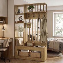 LITTLE TREE Wall Room Divider With Shelves And Coat Hooks, 5-In-1 Freestanding Partition With Bench For Entryway, Living Room, Brown - Brown - View 2