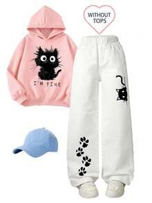 1pc Girl Casual Versatile Street Y2K Style Cat Graphic Straight Leg Jeans - White - View 1