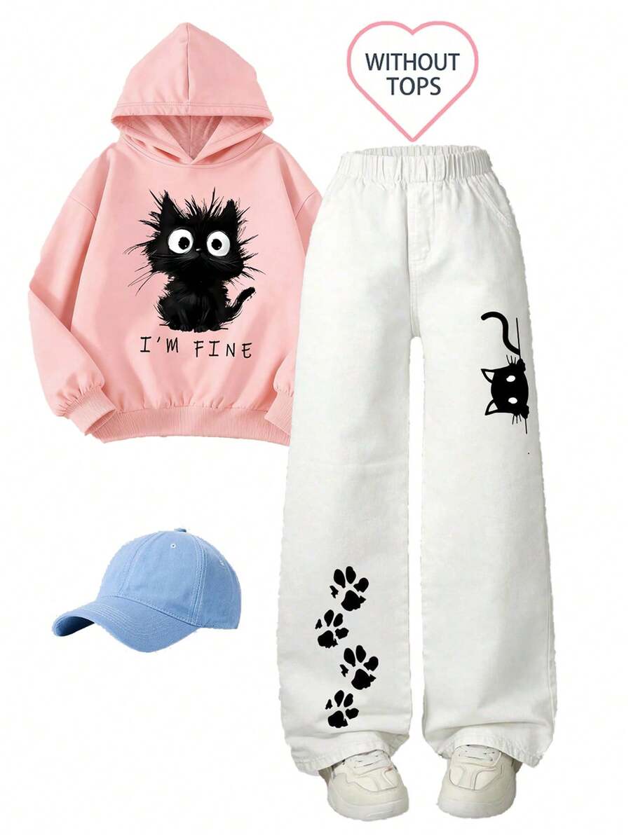 1pc Girl Casual Versatile Street Y2K Style Cat Graphic Straight Leg Jeans - White - View 1