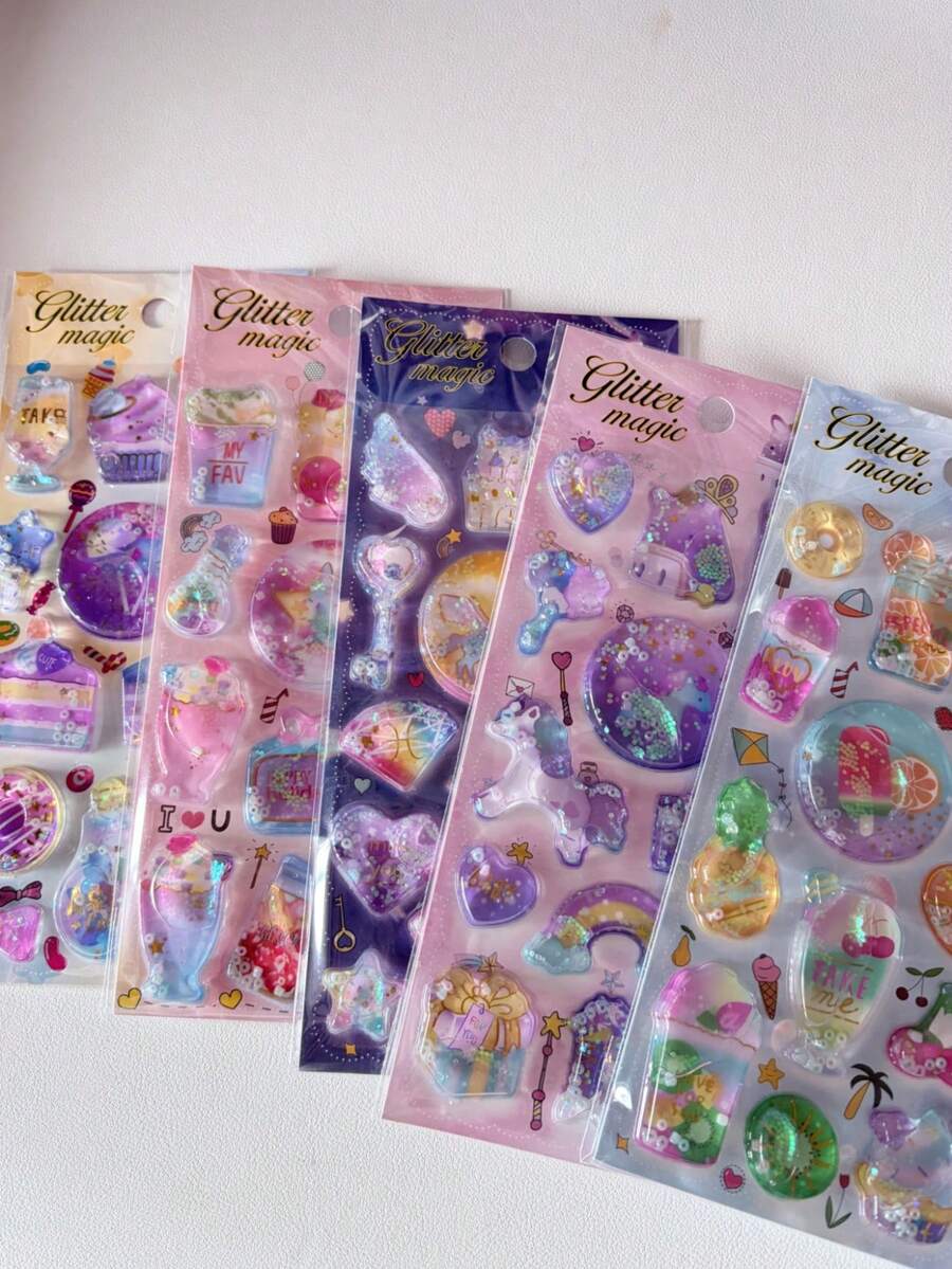 Glitter Magic Liquid Shaker 3D Puffy Stickers Cute Unicorn Fruit Cake Sequins Floating Sticker Kawaii Journal Scrapbooking Card Decor DIY Korean Stationery - Color - View 1