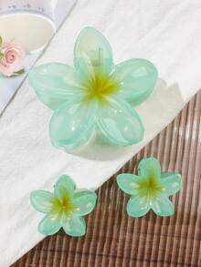 3件組夏季淺綠黃漸層果凍3D扶桑花髮夾，清新波希米亞風，適合海灘度假、旅行、下午茶、野餐髮飾 - 彩色 - 查看 3