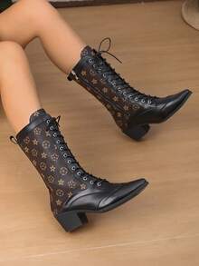 Front Lace-Up Pointed Toe Low Chunky Mid-Calf Boots With Criss-Cross Straps, Full Metal Eyelets, Solid Color Adjustable Minimalist Rider Boots - Coffee Brown - View 5