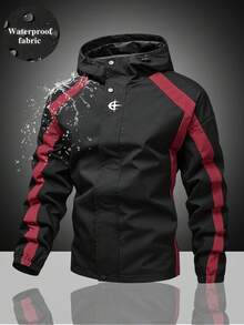 Side Colorblock Stripe Hooded Functional Jacket, Unisex Outdoor Cycling Hiking Commuting Spring Autumn Lightweight Layering Long Sleeve Jacket, Versatile Casual Top For Daily Wear - black red - View 1