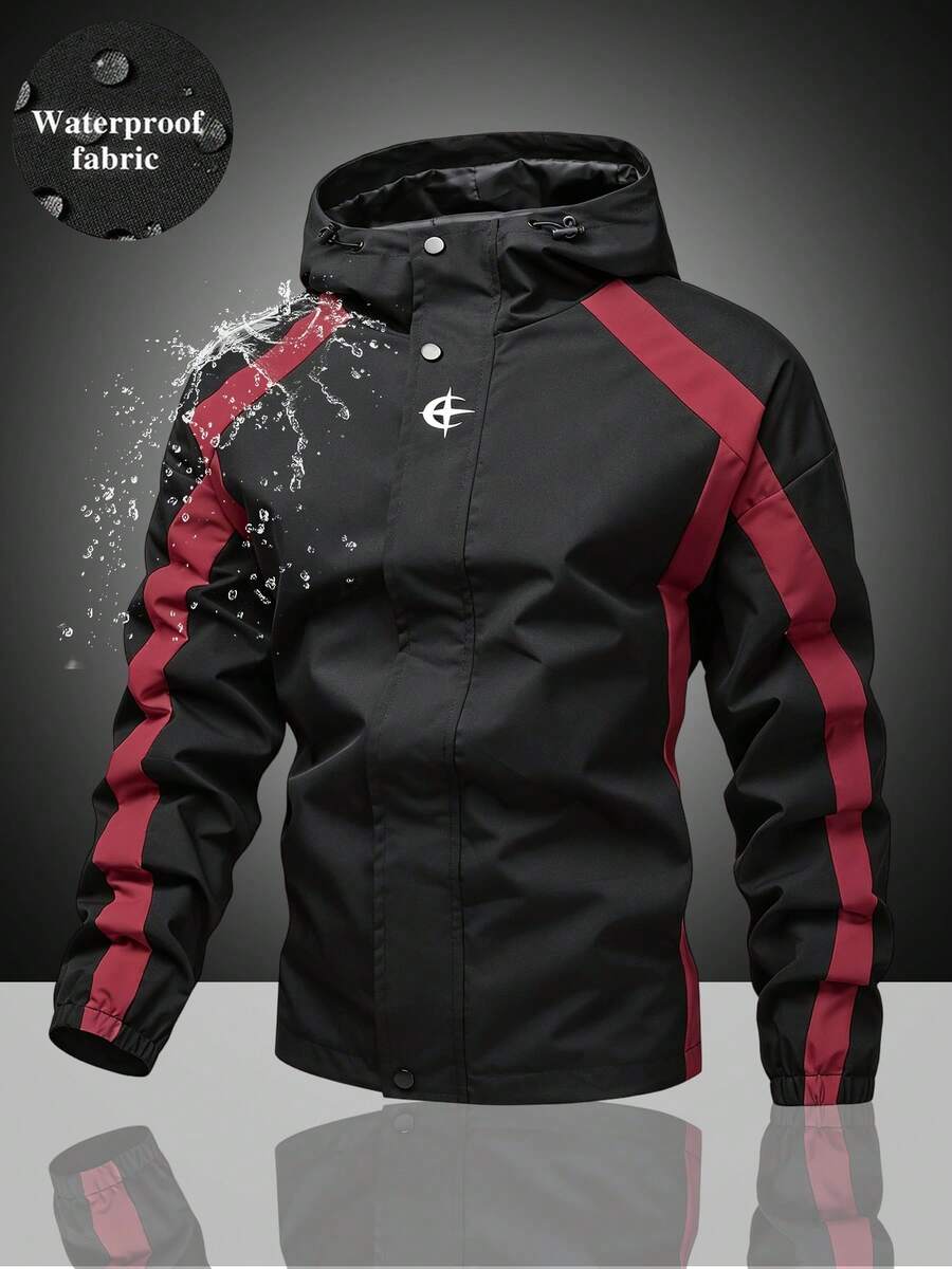 Side Colorblock Stripe Hooded Functional Jacket, Unisex Outdoor Cycling Hiking Commuting Spring Autumn Lightweight Layering Long Sleeve Jacket, Versatile Casual Top For Daily Wear - black red - View 1