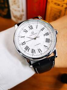 1pc Fashion Casual Automatic Mechanical Watch For Men Business Calendar Luminous Hands Leather Strap Classic Luxury Men Watches - one-size - View 12
