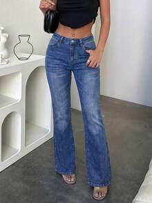 Celana Jeans Denim Panjang Wanita Kasual Model Flare dengan Bahan Washed, Elastis Sedang, Dilengkapi Saku, Menciptakan Tampilan Gaya Bohemian yang Mewah untuk Liburan Musim Gugur - Biru - View 5
