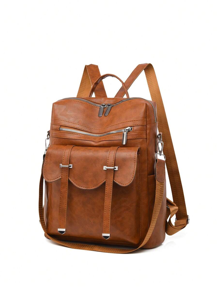 LECEY Brown Large Capacity PU Backpack For Women Faux Leather Rucksack Travel Bag Laptop Friendly College Retro Style Business Casual Anti-Theft Chic Gift - Brown - View 1