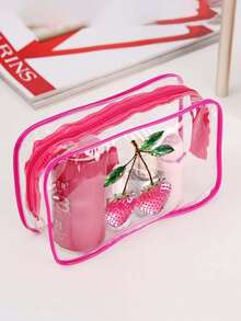 Cute Strawberry Print Travel Beauty Accessories,Eye Mask + Hair Scrunchie + Drawstring Pouch + Clear Makeup Bag + Heart Mini Mirror,Women Portable Travel Beauty Accessories Set,Beauty Products,Souvenir, For Travel,Back-To-School,Gifting,Home Use - Multicolor - View 6