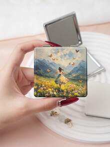 1 pieza Espejo de tocador portátil de la serie de pintura al óleo de paisaje, espejo de mano plegable ligero y ultrafino, cuero PU, adecuado para múltiples ocasiones y todas las personas, espejo cuadrado plegable para llevar - Multicolor - Ver 8