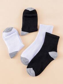 1/5 Pair Black & White Solid Color Reinforced Gray Toe Men's Vertical Stripe Mid-Calf Socks, Breathable, Wear-Resistant, Anti-Friction, Commuting, Workwear, Running, Basic Socks - Multicolor - View 4